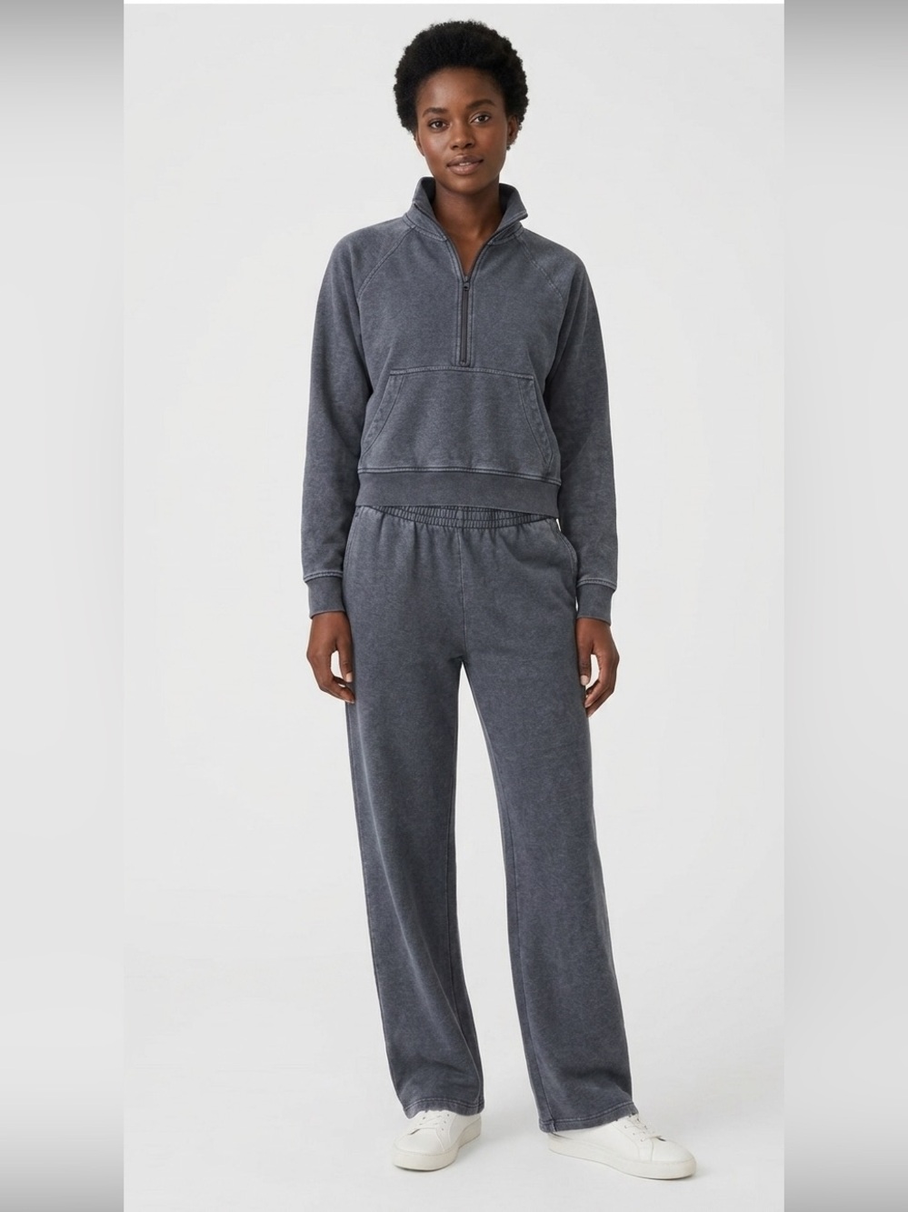 Joe Fresh Mineral Wash Lounge Set - Quarter-Zip & Straight Leg Pants - Dark Grey